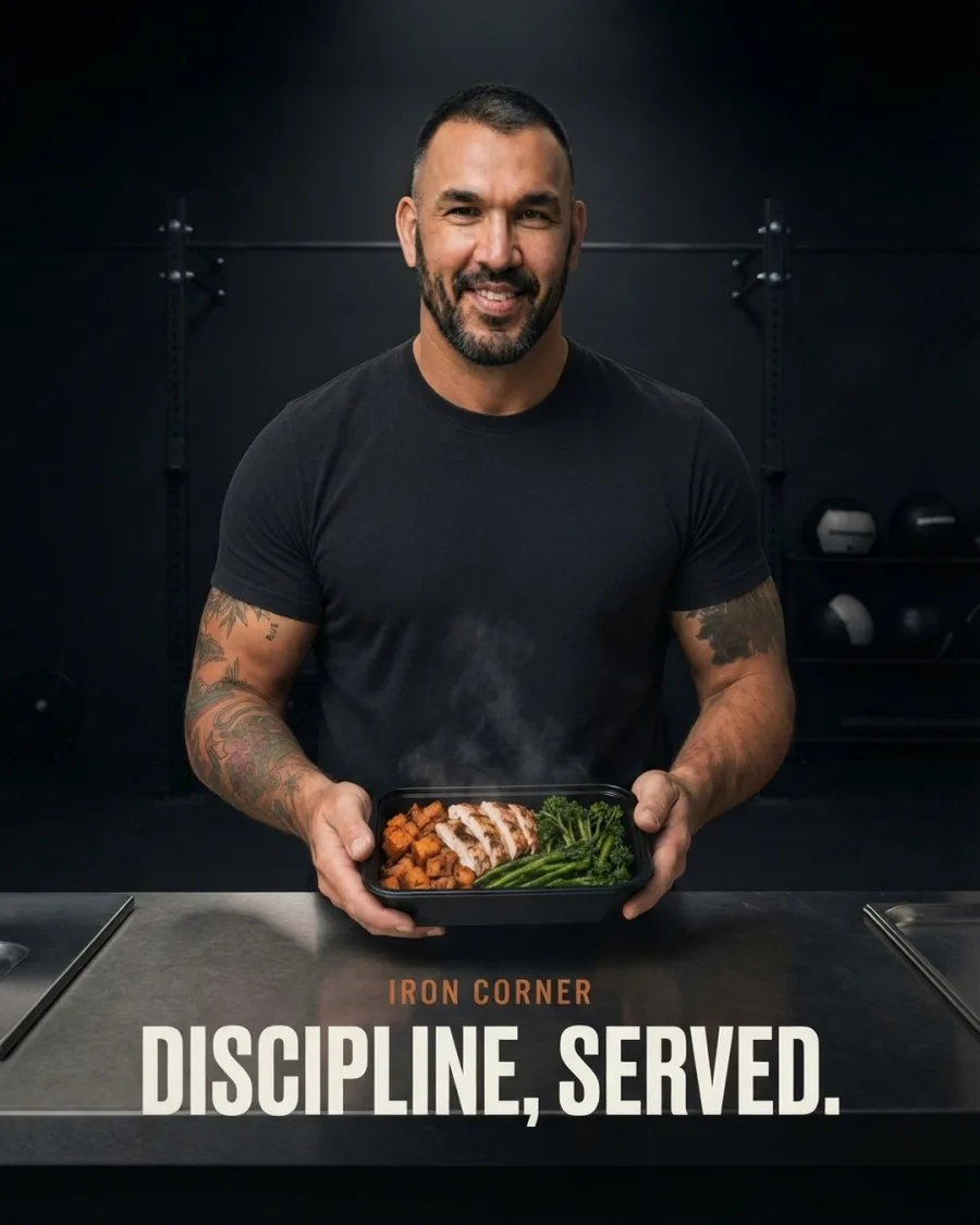 Iron Corner Kitchen 5 Recipes cover: Frankie holding a meal, Discipline, served.